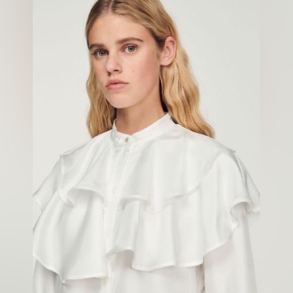 SANDRO COMEDIE RUFFLE YOKE SILK BLOUSE IN - Picture 2 of 8